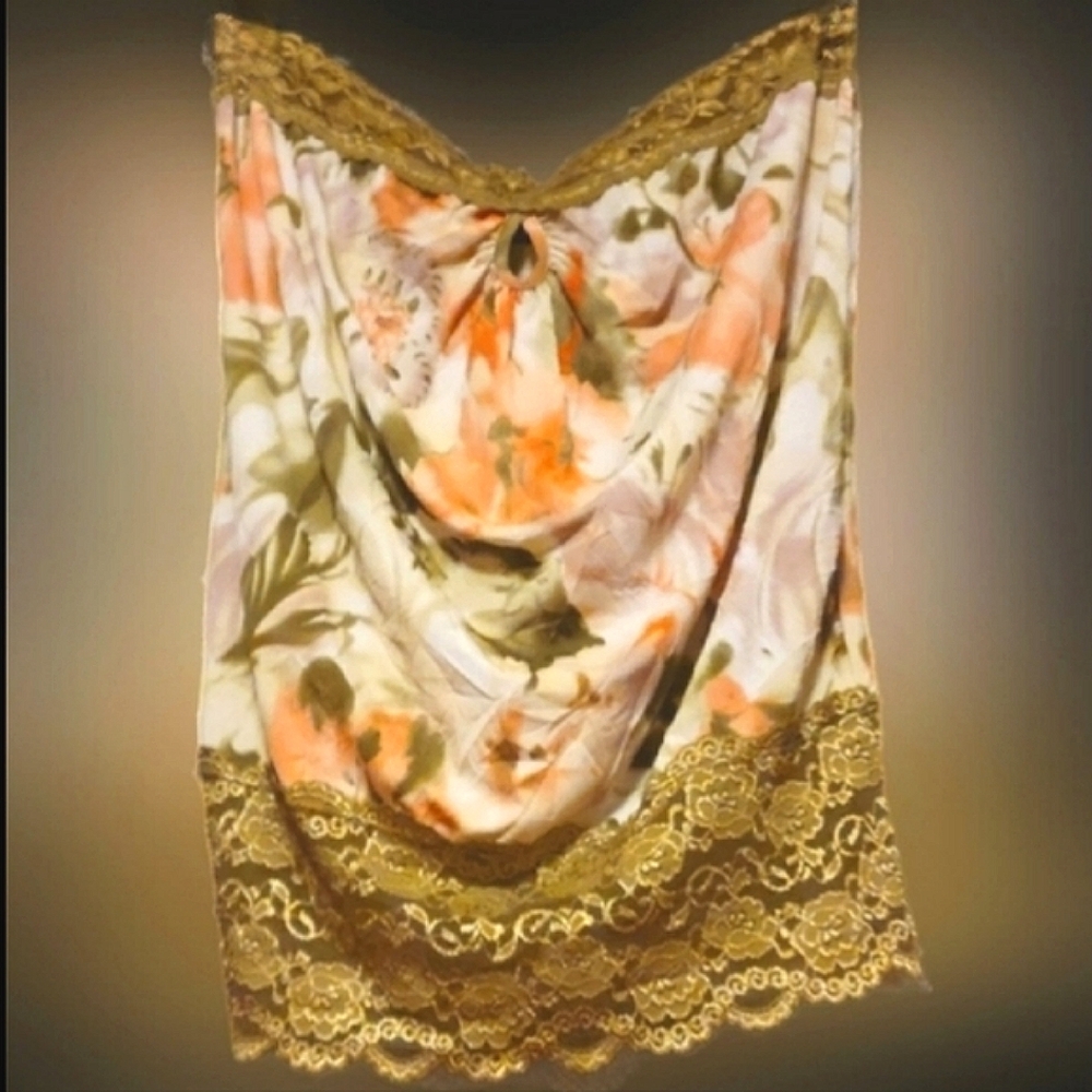 Vtg Y2K Vanity olive grn floral lace strapless keyhole crinkle tube top 1X NWOT - Picture 2 of 16